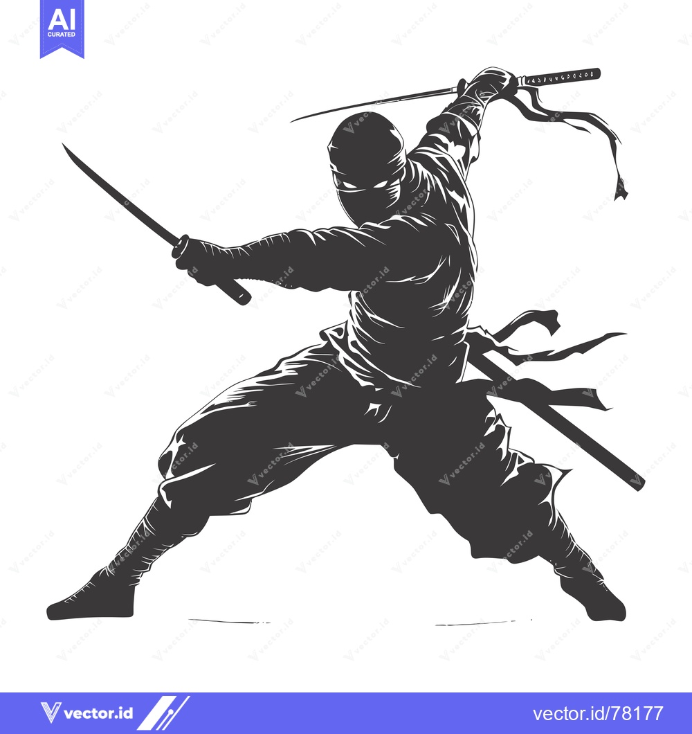 Premium Vector of A Silhouette of a Ninja with Two Swords in a Fighting Stance