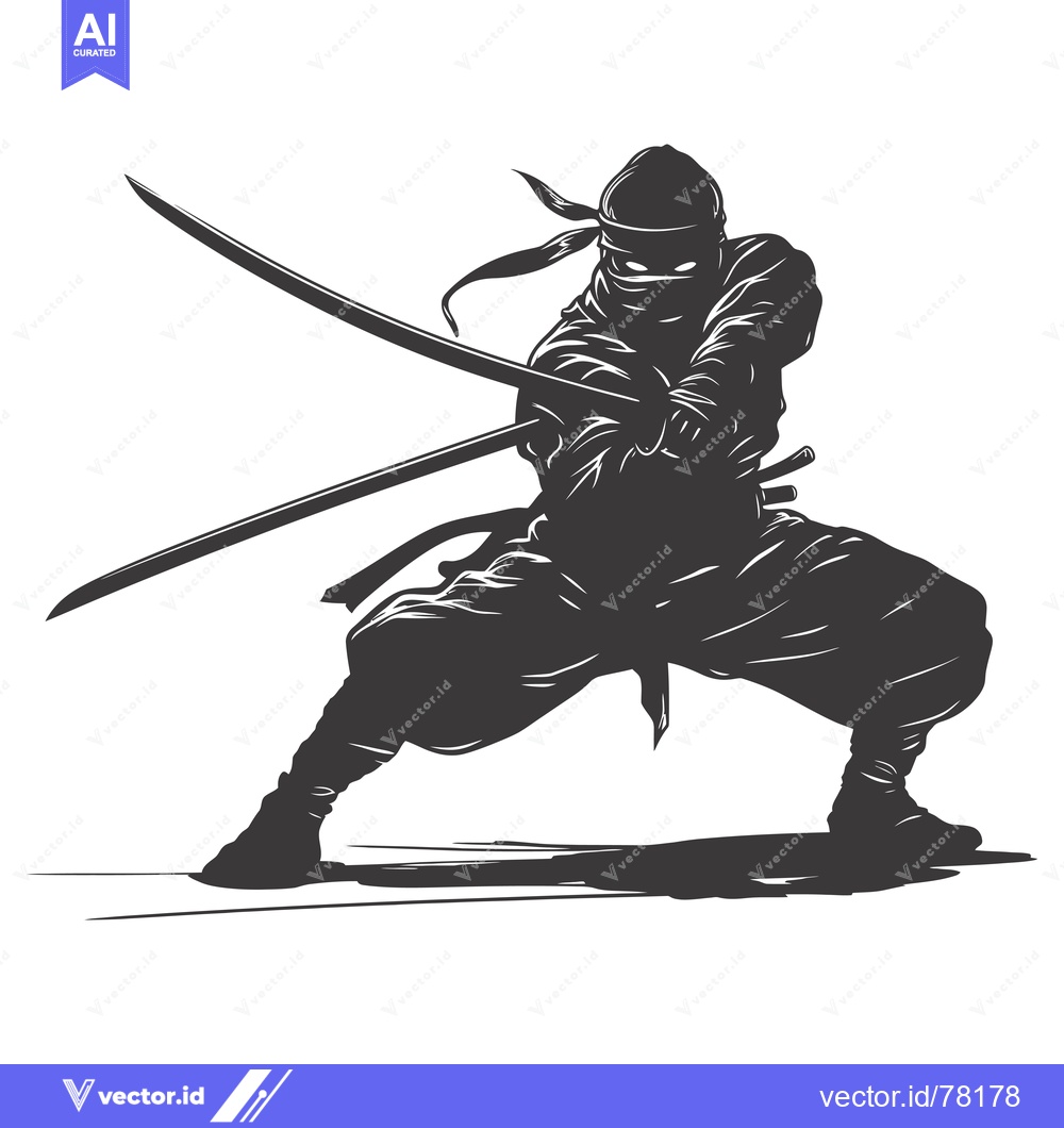 Premium Vector of A Silhouetted Ninja Holding Two Swords in a Fighting Stance