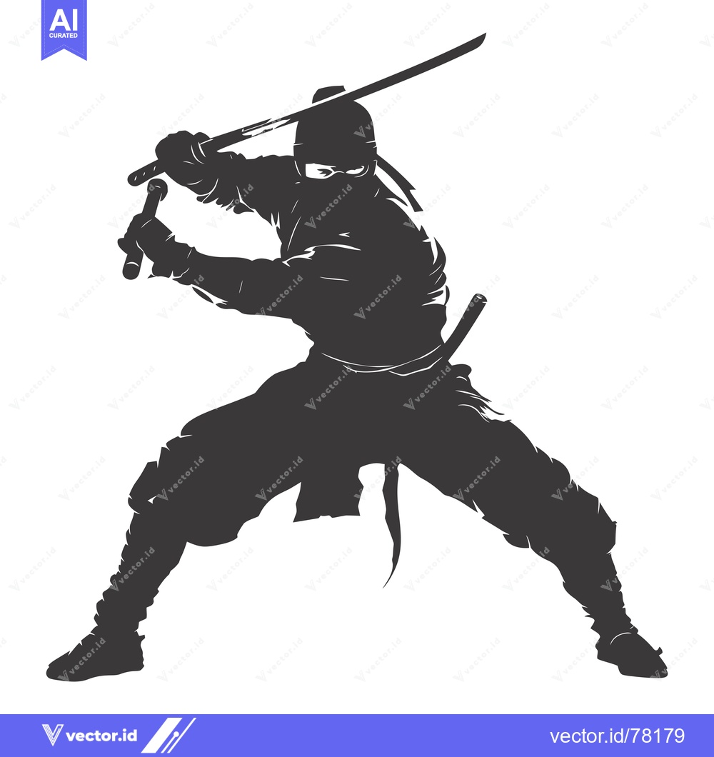 Premium Vector dari Silhouette of a Ninja Holding a Sword and Nunchaku