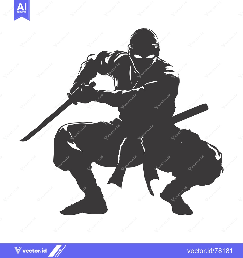 Premium Vector dari A Stealthy Ninja Silhouette in a Crouching Stance Holding a Sword