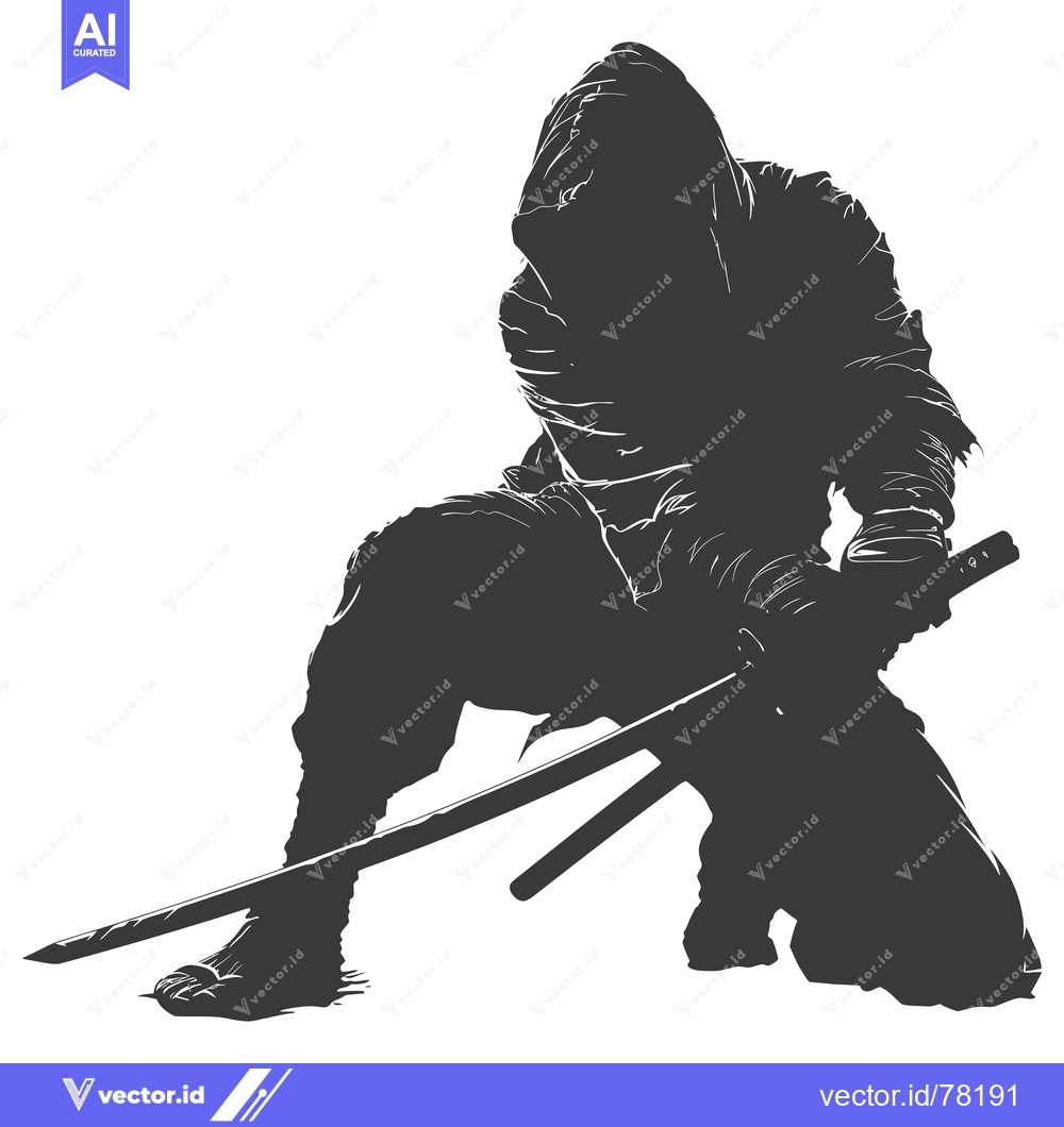 Premium Vector of Silhouette of a hooded figure kneeling with a katana sword