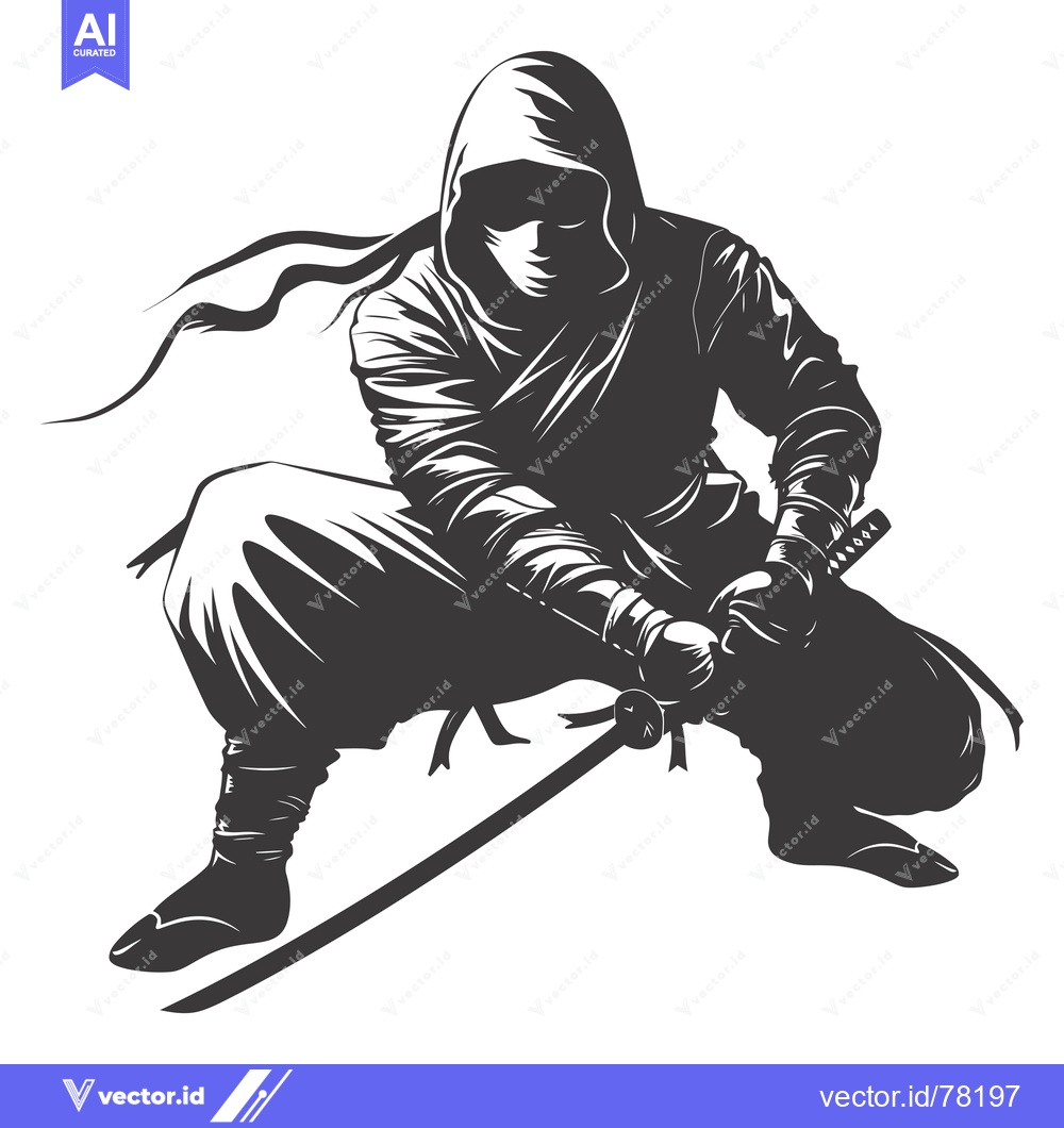 Premium Vector dari A Crouching Ninja With a Sword and Hood