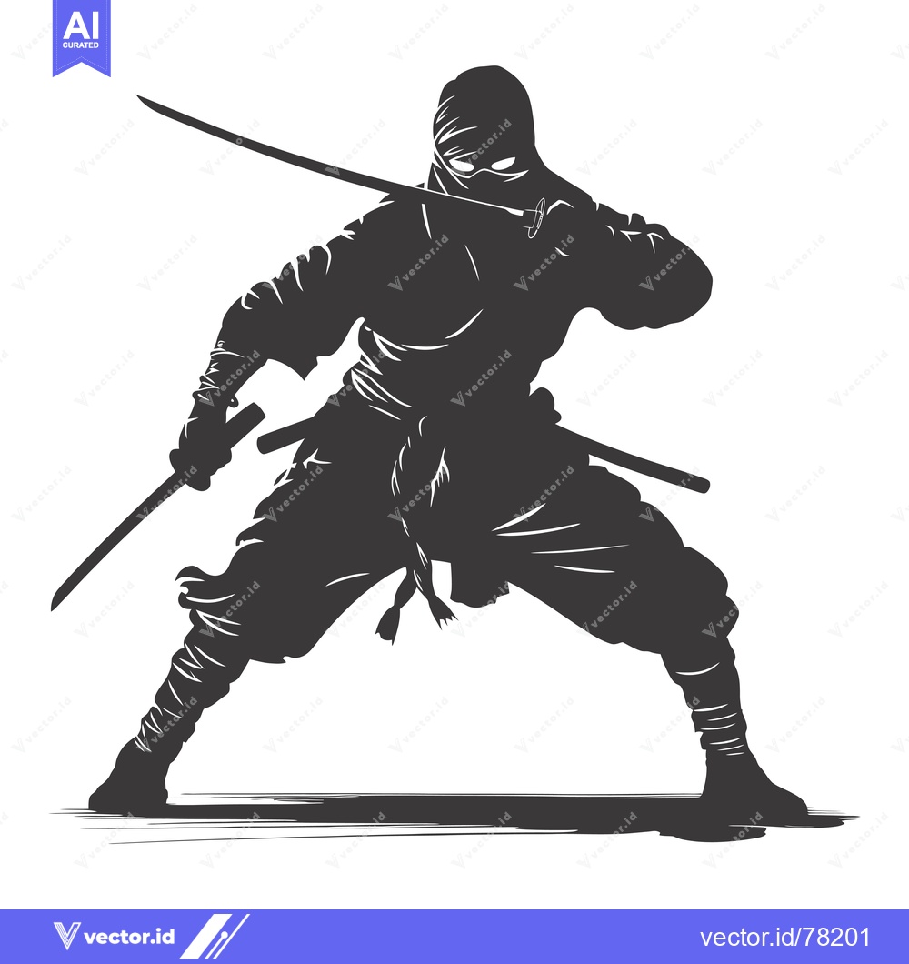 Premium Vector of Silhouetted Ninja with Two Swords in Fighting Stance