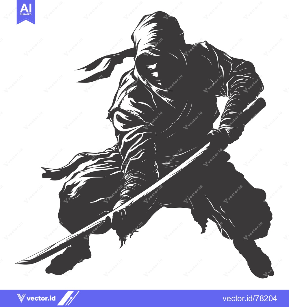 Premium Vector dari Silhouette of a Ninja Holding a Katana in a Fighting Pose