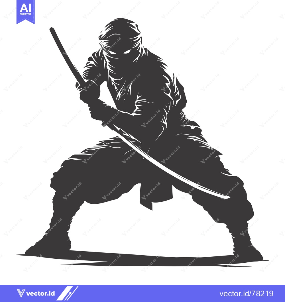 Premium Vector of A Silhouetted Ninja Holding a Katana in a Fighting Stance