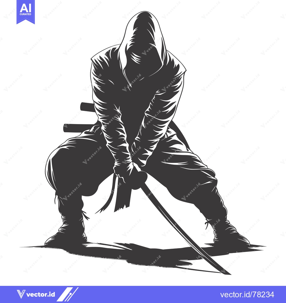 Premium Vector of A Silhouetted Ninja Holding a Katana Sword in a Low Stance
