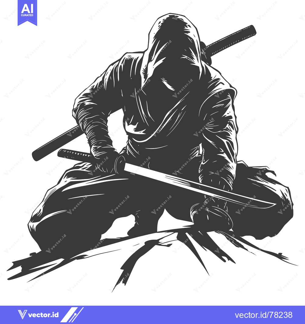 Premium Vector dari A hooded figure with a katana drawn in a crouching position, against a