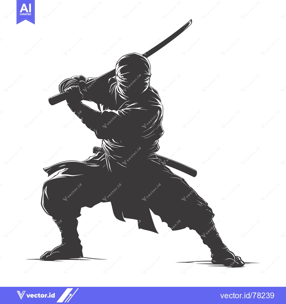 Premium Vector of Silhouetted Ninja Warrior Holding a Sword in a Fighting Stance