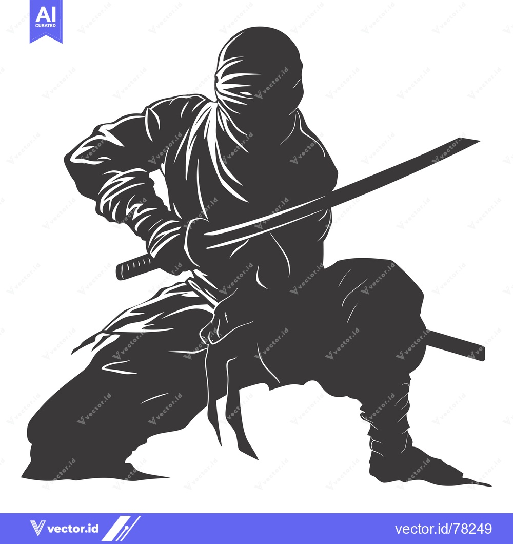 Premium Vector dari Silhouetted Ninja with Katana Sword in Combat Stance