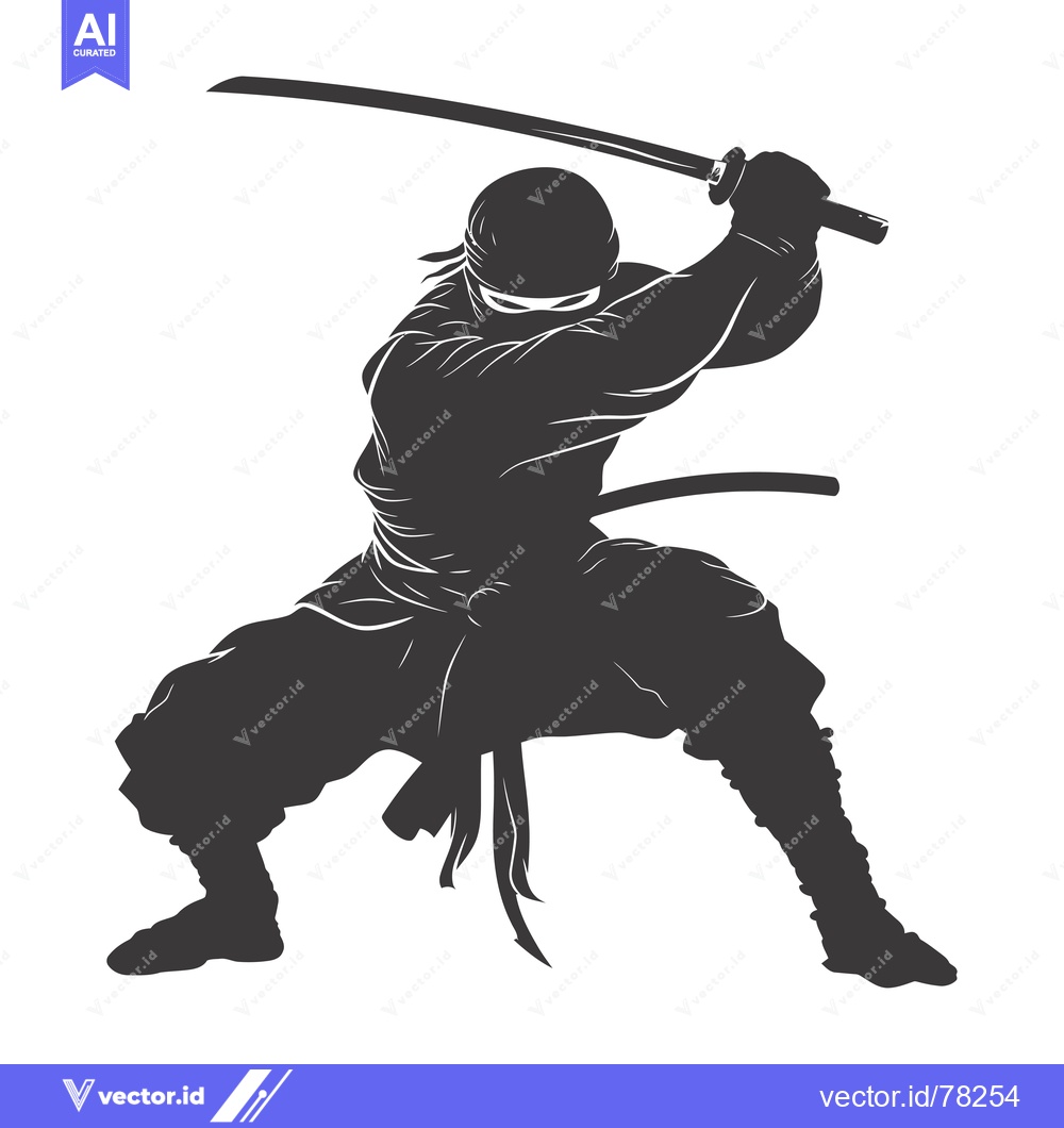 Premium Vector of A Silhouette of a Ninja in a Fighting Stance Holding a Sword