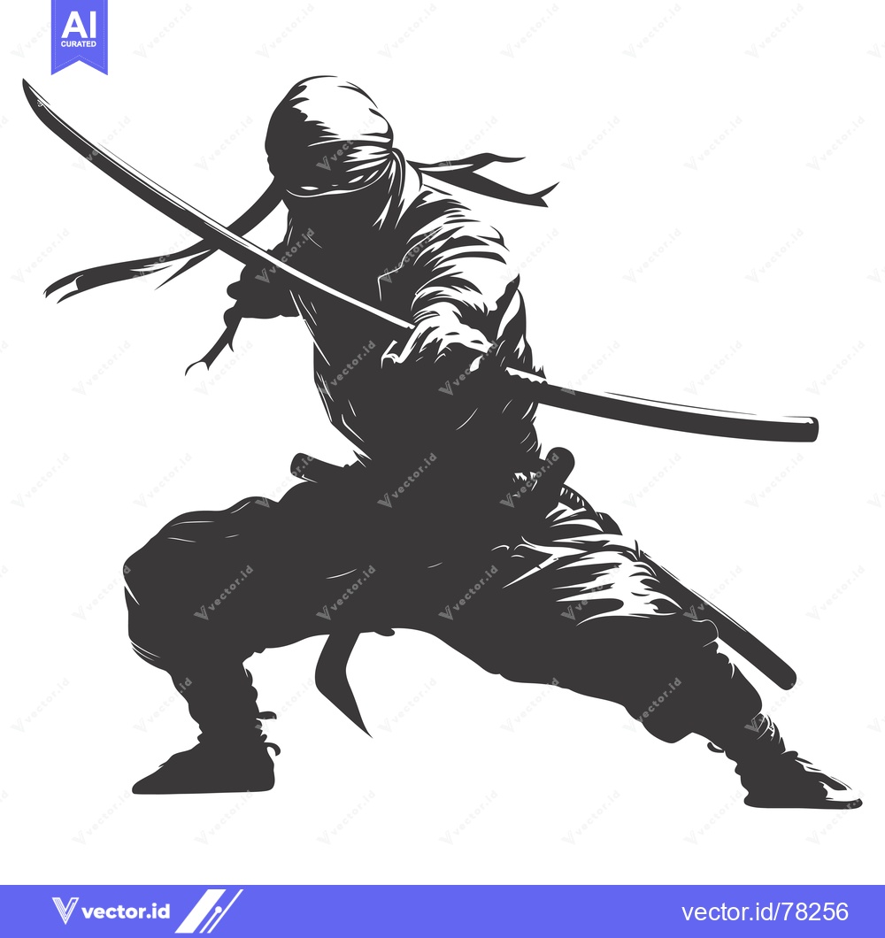 Premium Vector dari A Silhouetted Ninja Warrior Striking a Pose with a Sword