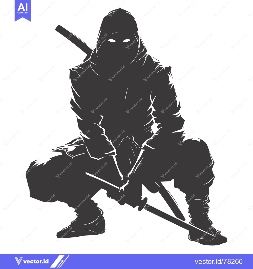 Premium Vector dari Silhouette of a Ninja Holding a Sword in a Crouching Position