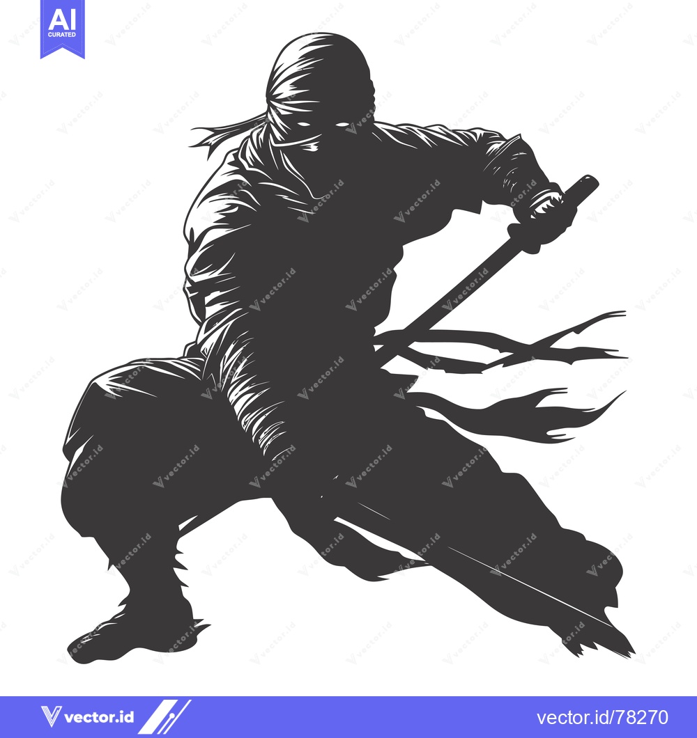 Premium Vector of Silhouetted Ninja Warrior Holding a Sword in a Fighting Stance