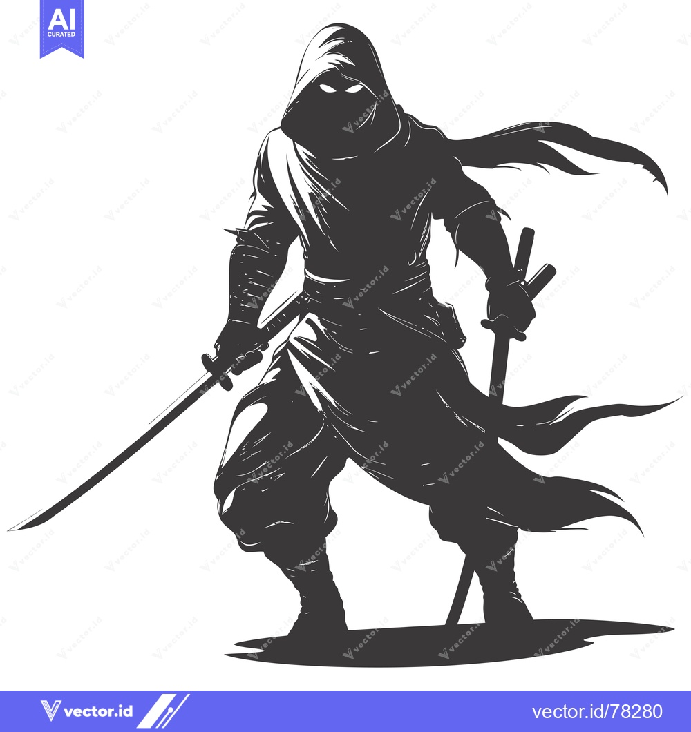 Premium Vector dari A hooded figure in a dark silhouette holding a katana, with a cloak bi