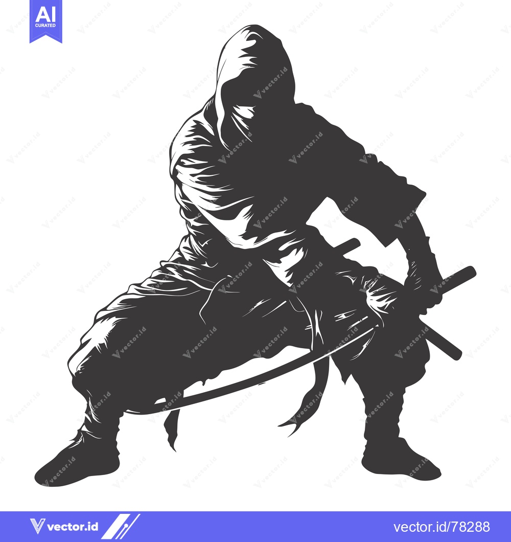 Premium Vector dari A hooded figure in a crouching position, holding a katana sword.
