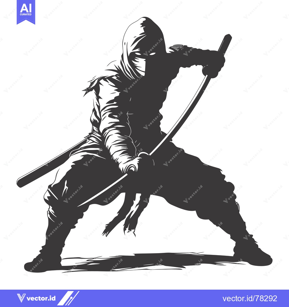 Premium Vector dari A Silhouetted Ninja Warrior Holding a Sword in a Fighting Stance
