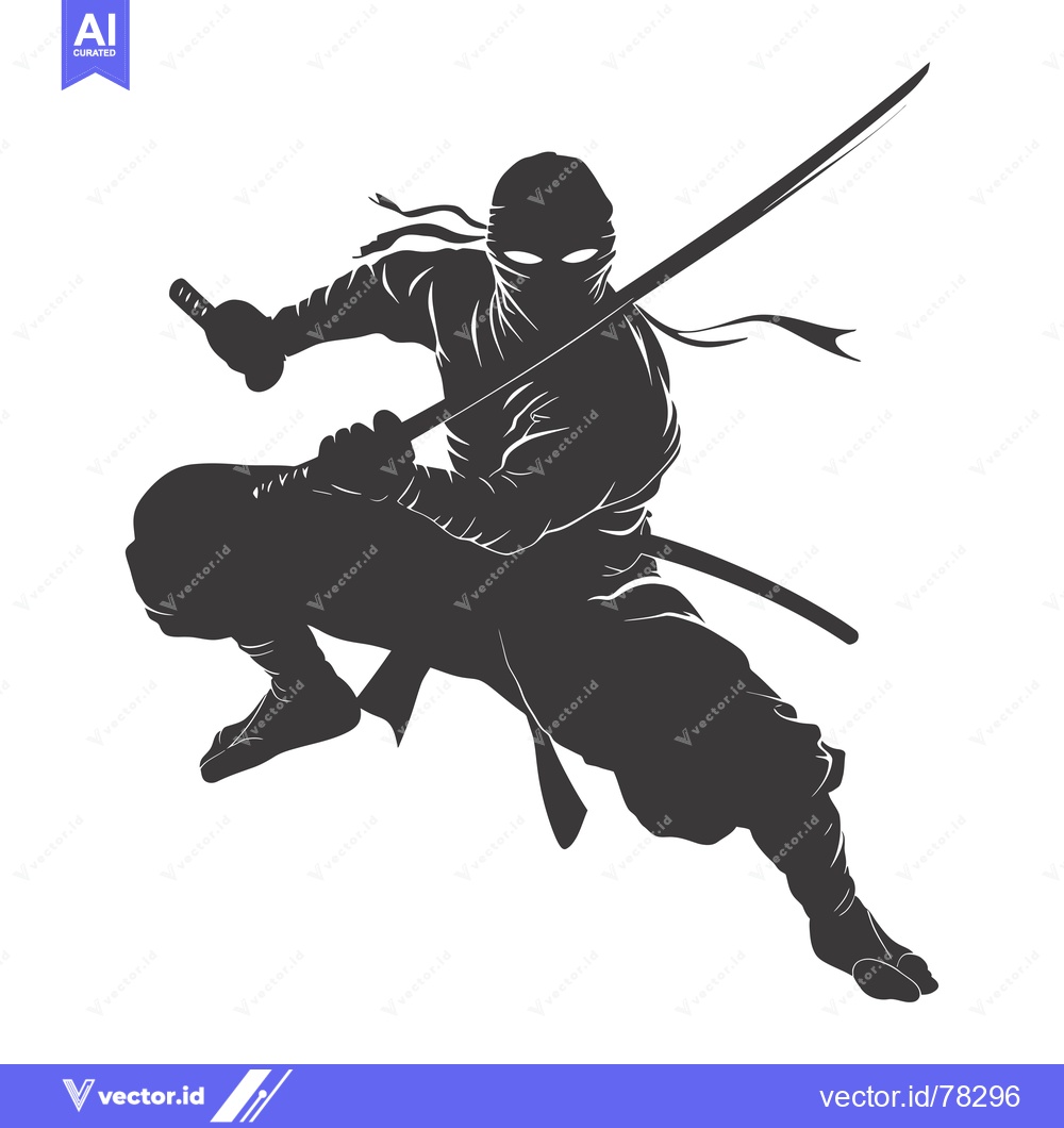 Premium Vector of A Silhouetted Ninja Figure Leaping Forward, Holding a Katana