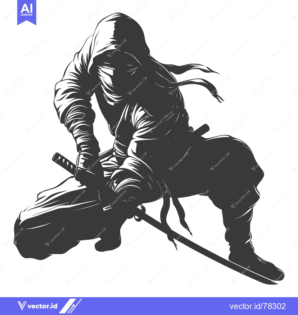 Premium Vector dari A hooded ninja warrior in a crouching position wielding a katana