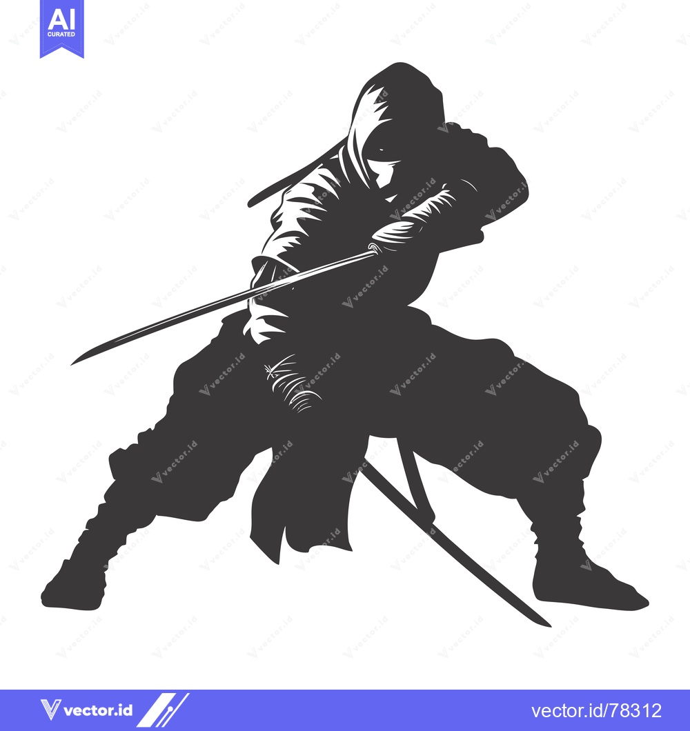 Premium Vector dari A Silhouetted Ninja Warrior in a Fighting Stance with a Katana