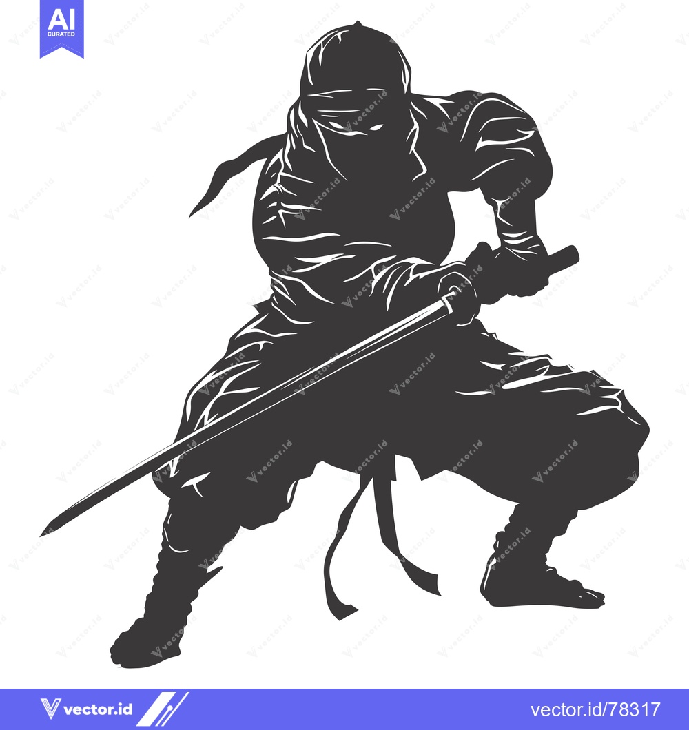 Premium Vector dari A Black and White Silhouette of a Ninja Holding a Katana Sword