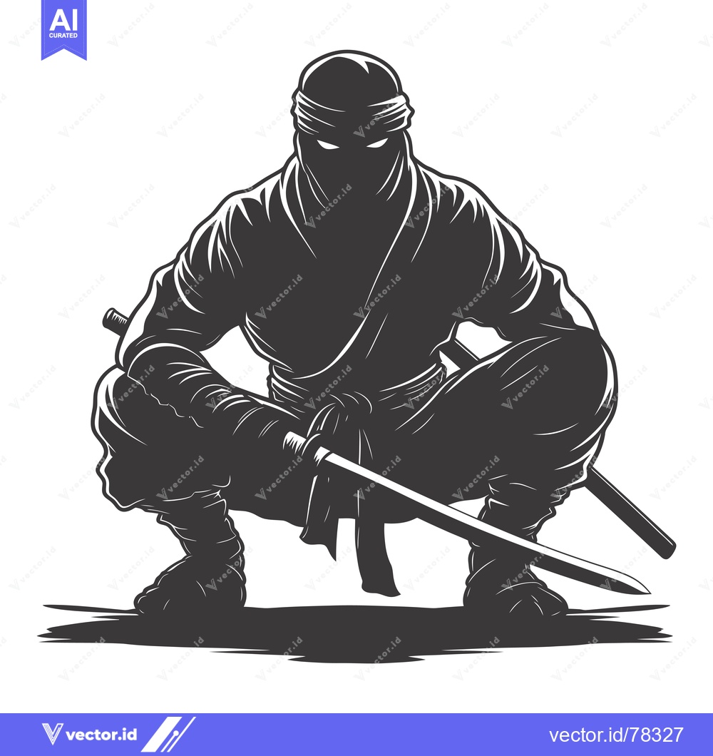 Premium Vector dari A Silhouetted Ninja Warrior Kneeling with a Katana Sword