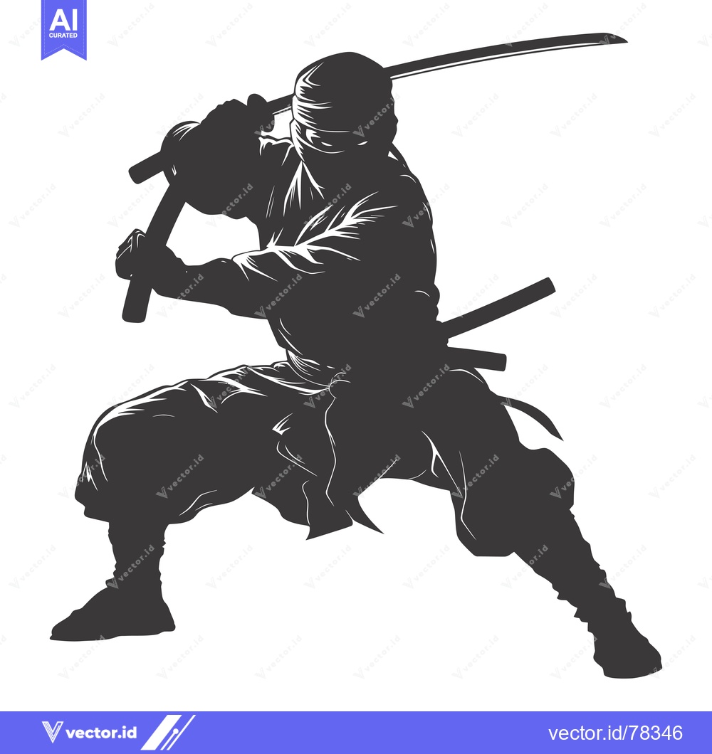 Premium Vector dari A Silhouetted Ninja Warrior in Action, Holding a Katana and a Wakizash