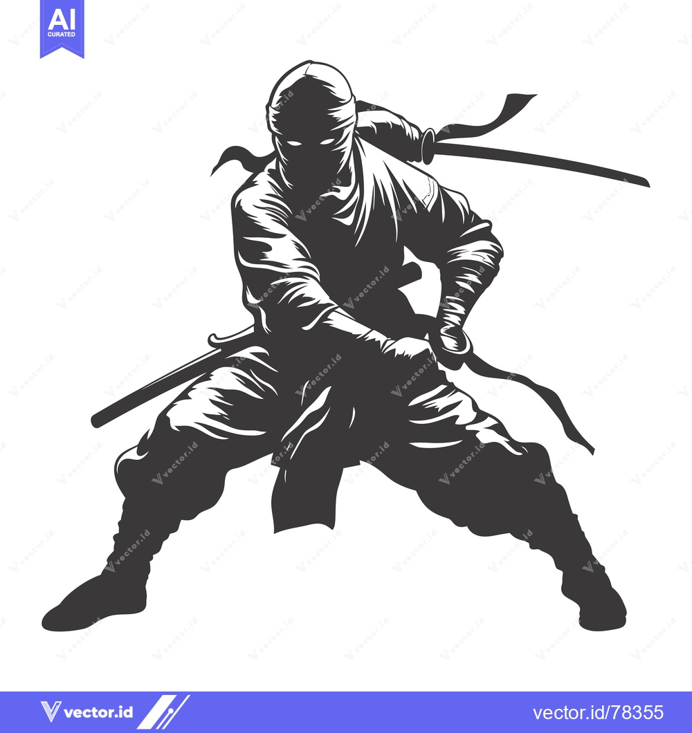 Premium Vector of A Silhouetted Ninja Figure Holding a Katana Sword