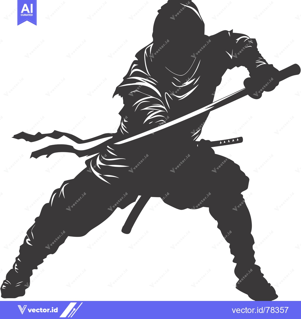 Premium Vector of Silhouette of a Ninja Holding a Katana with a Flowing Scarf