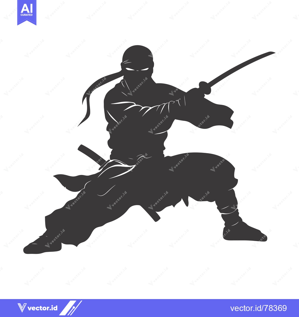 Premium Vector dari Silhouetted Ninja Warrior Holding a Sword in a Fighting Stance