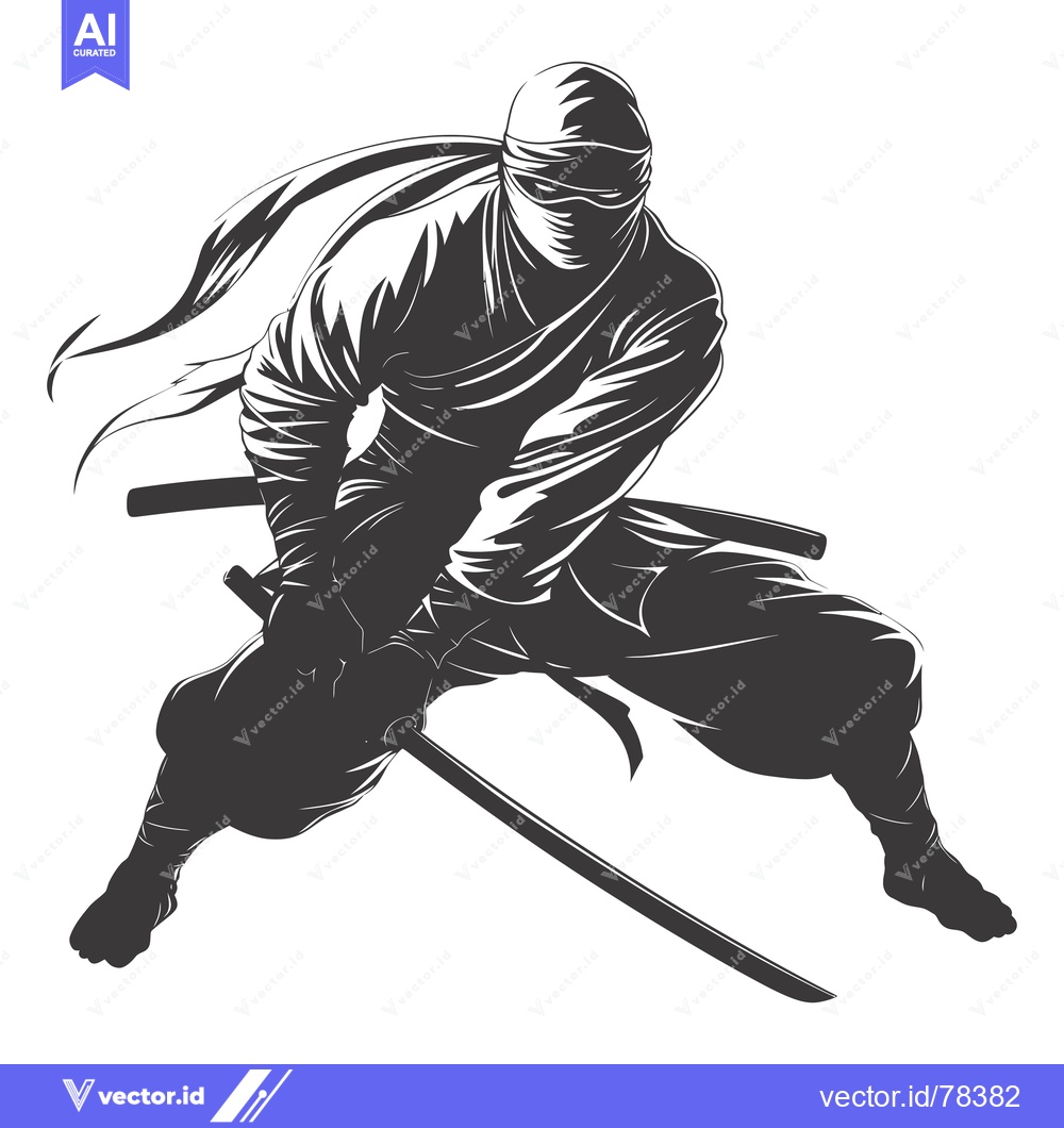 Premium Vector dari A black and white illustration of a ninja in mid-air with a sword