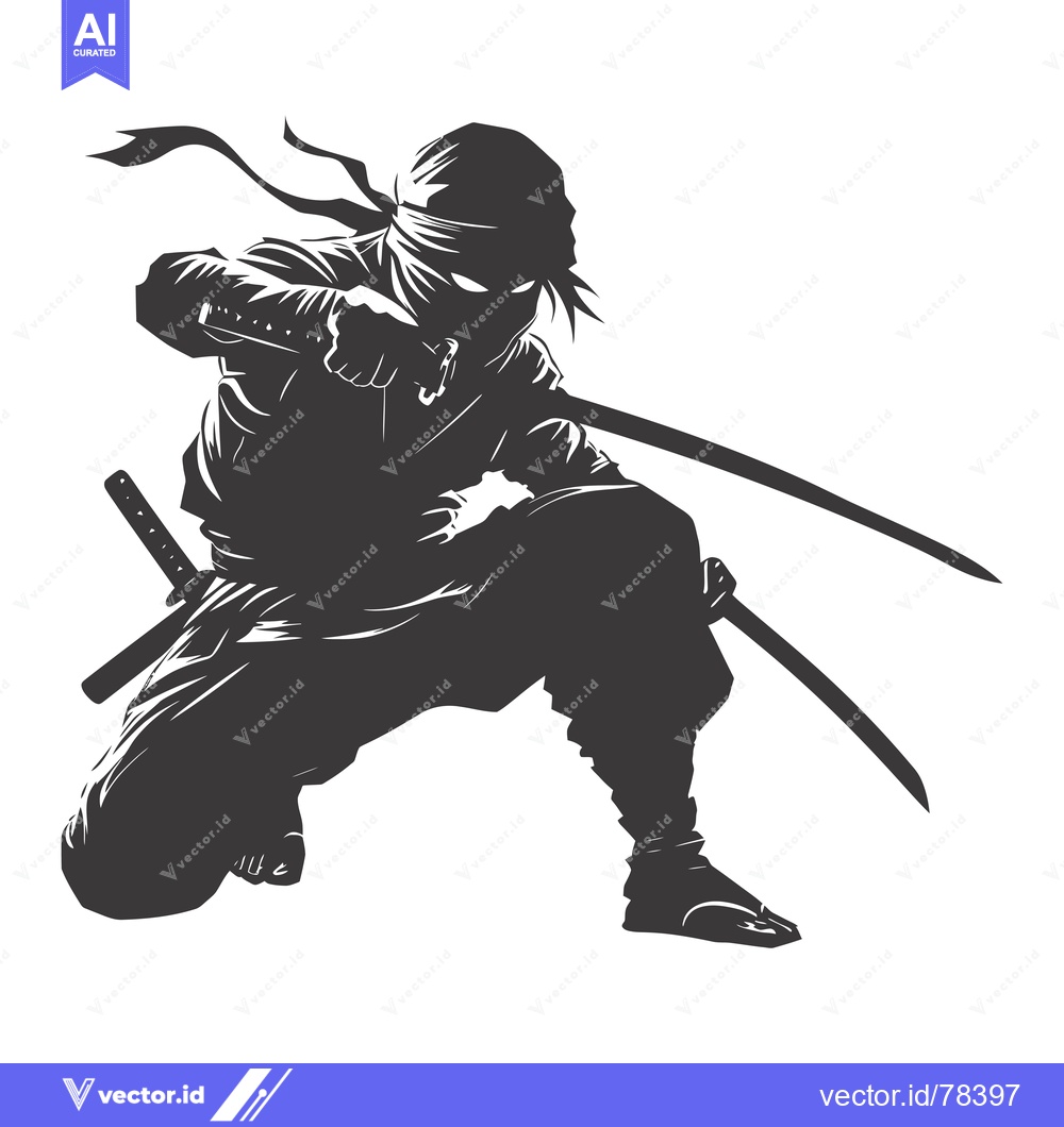 Premium Vector dari A Silhouetted Ninja Holding Two Swords in a Crouched Position