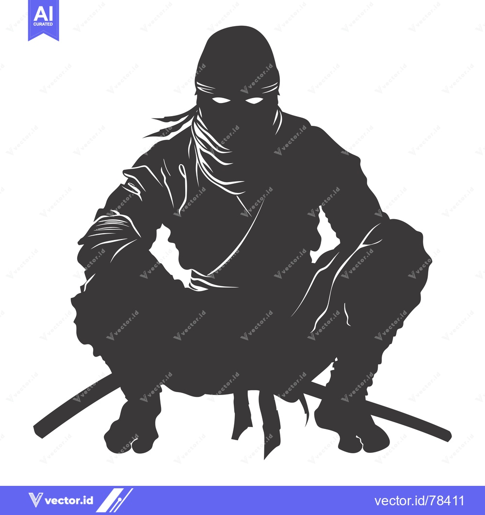Premium Vector dari Silhouette of a Crouching Ninja with a Katana