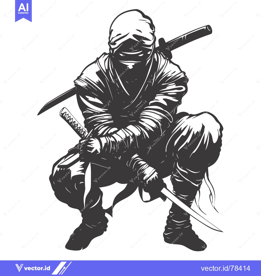 Premium Vector dari A Silhouetted Ninja Holding Two Swords In A Crouching Position