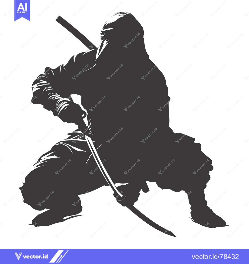 Premium Vector of A Shadowy Figure Holding a Curved Sword in a Crouching Position