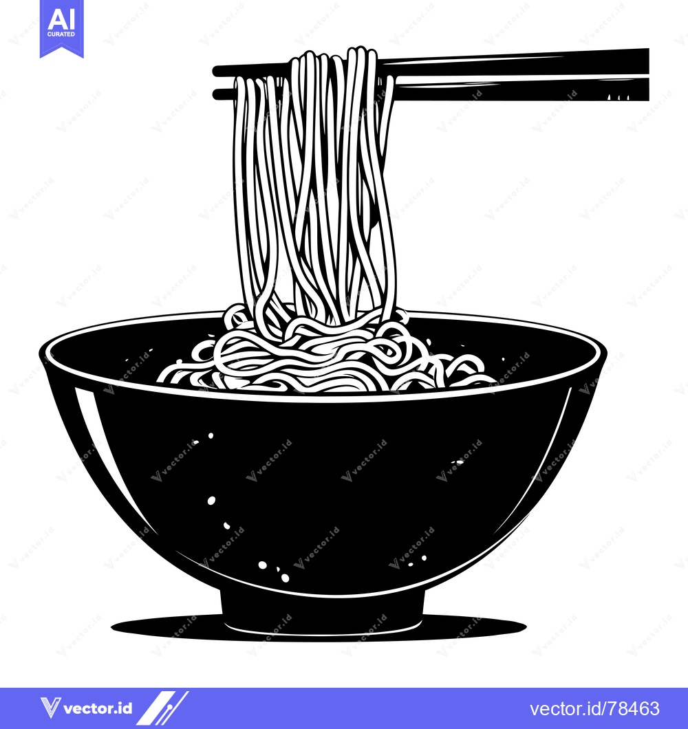 Premium Vector of A black and white illustration of a bowl of noodles with chopsticks.