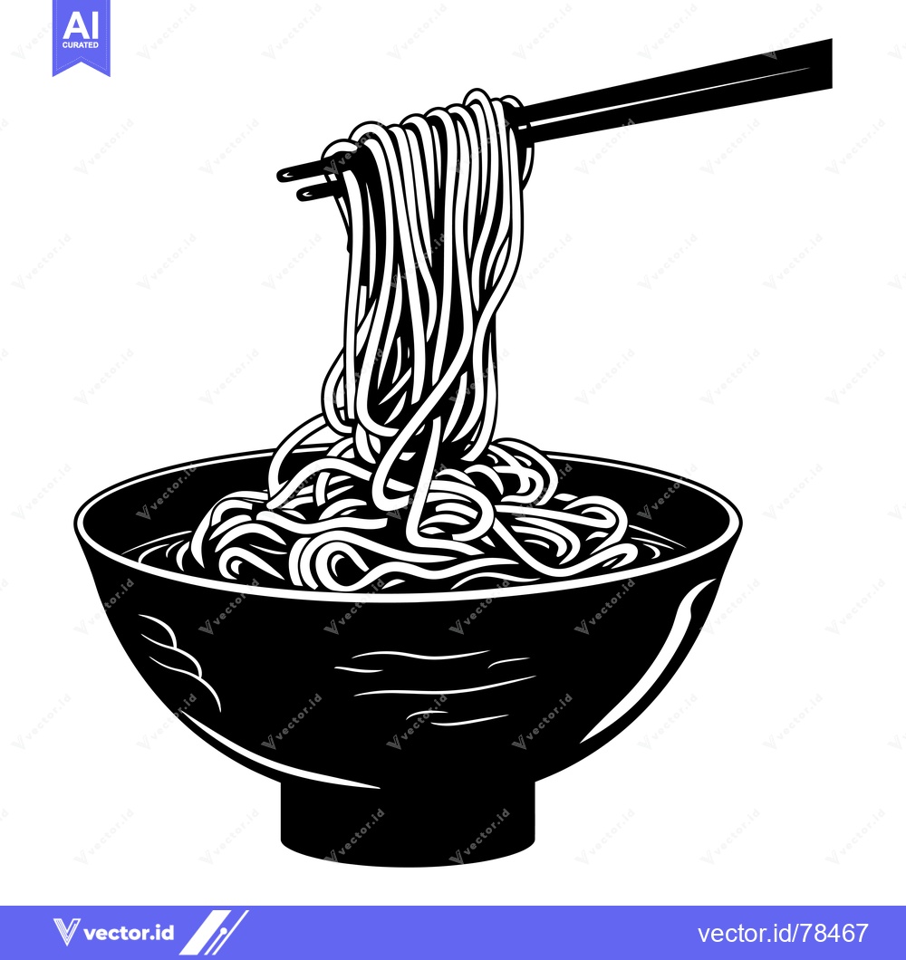 Premium Vector dari Black and White Illustration of Noodles Being Lifted from a Bowl with
