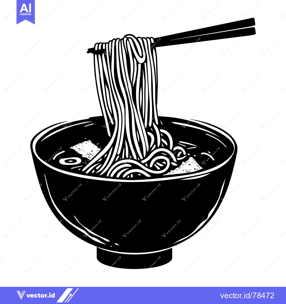 Premium Vector of Black and White Illustration of a Bowl of Ramen Noodles with Chopstick