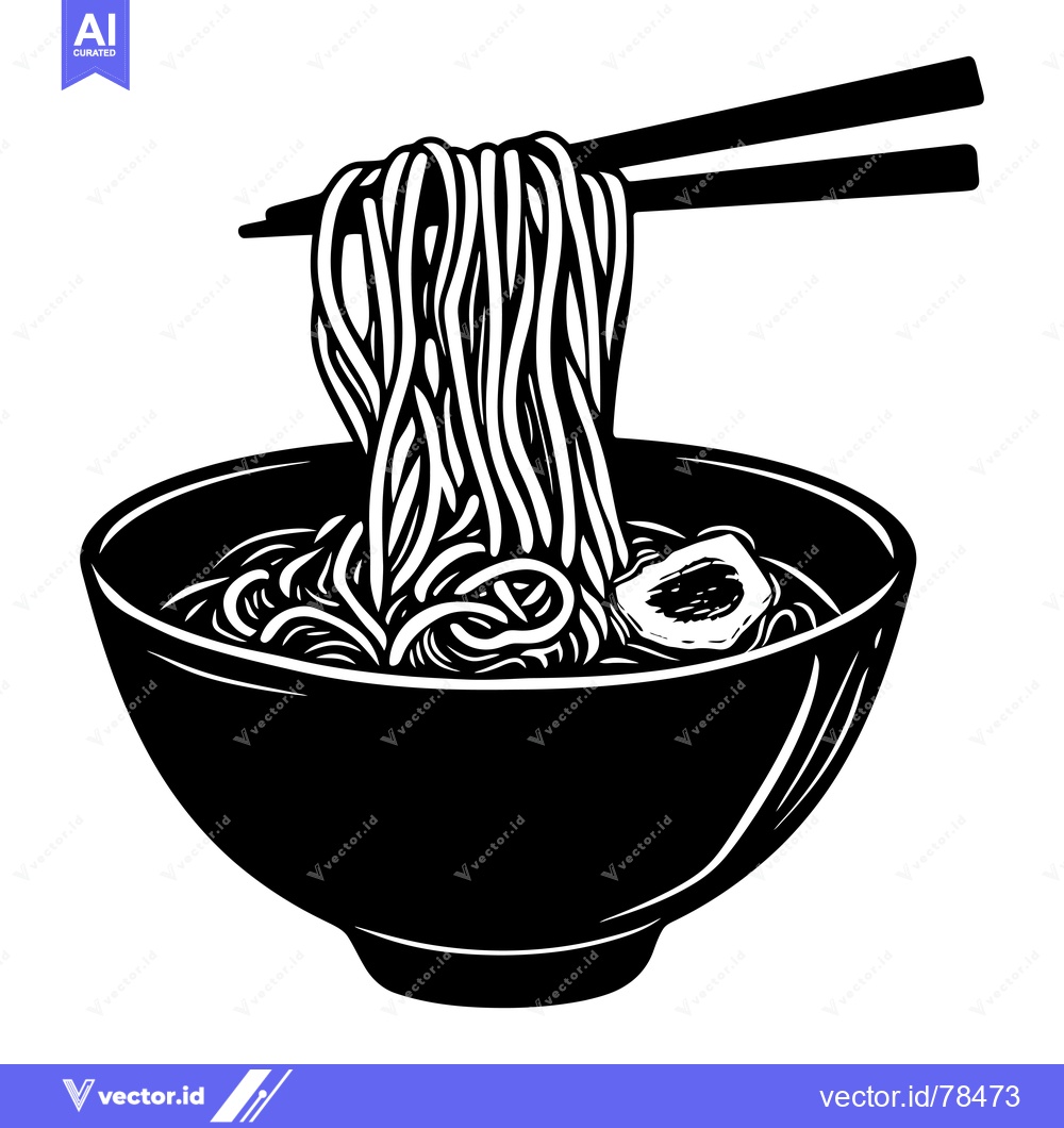 Premium Vector of Black and white illustration of a bowl of noodles with chopsticks.
