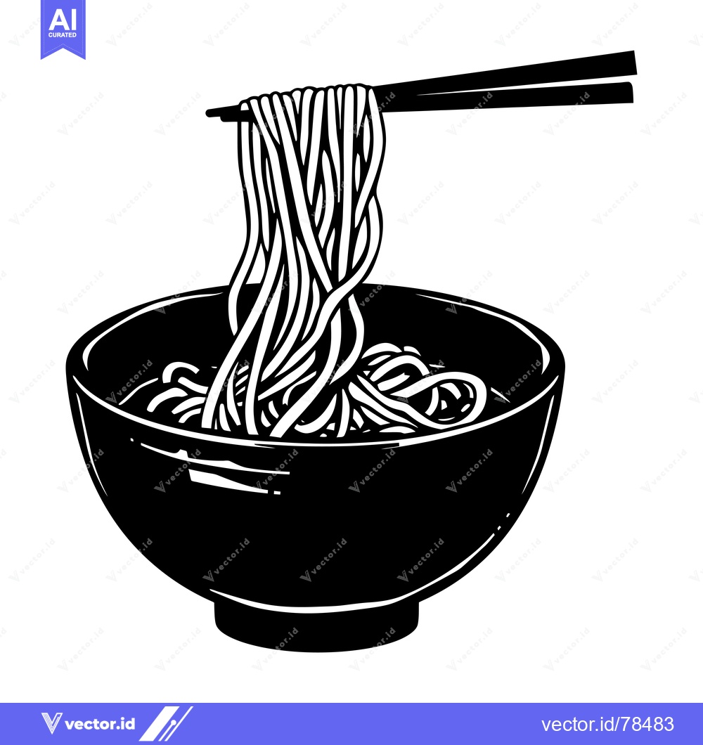 Premium Vector of Black and White Illustration of a Bowl of Noodles with Chopsticks