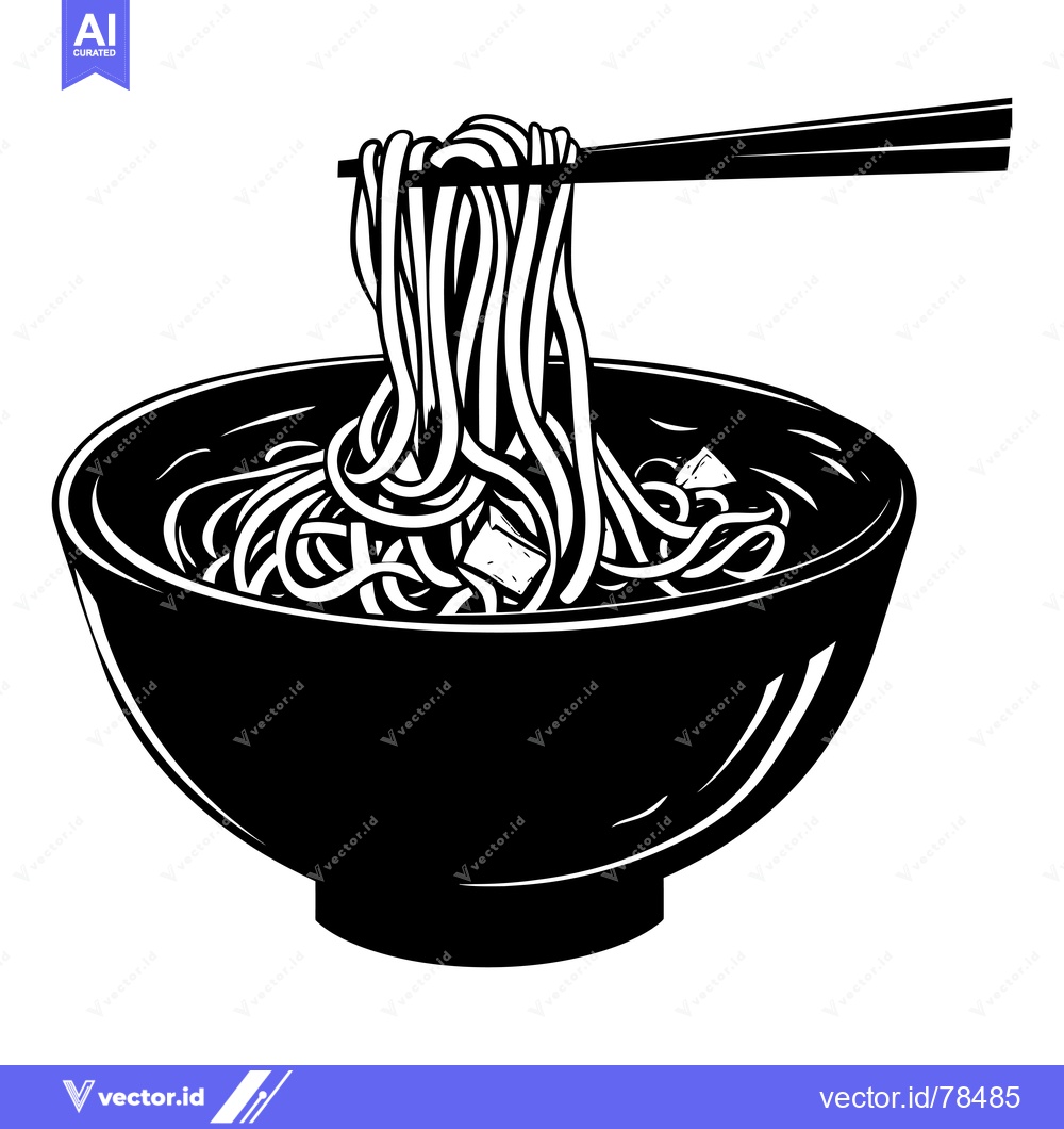 Premium Vector dari Black and white illustration of a bowl of noodles with chopsticks