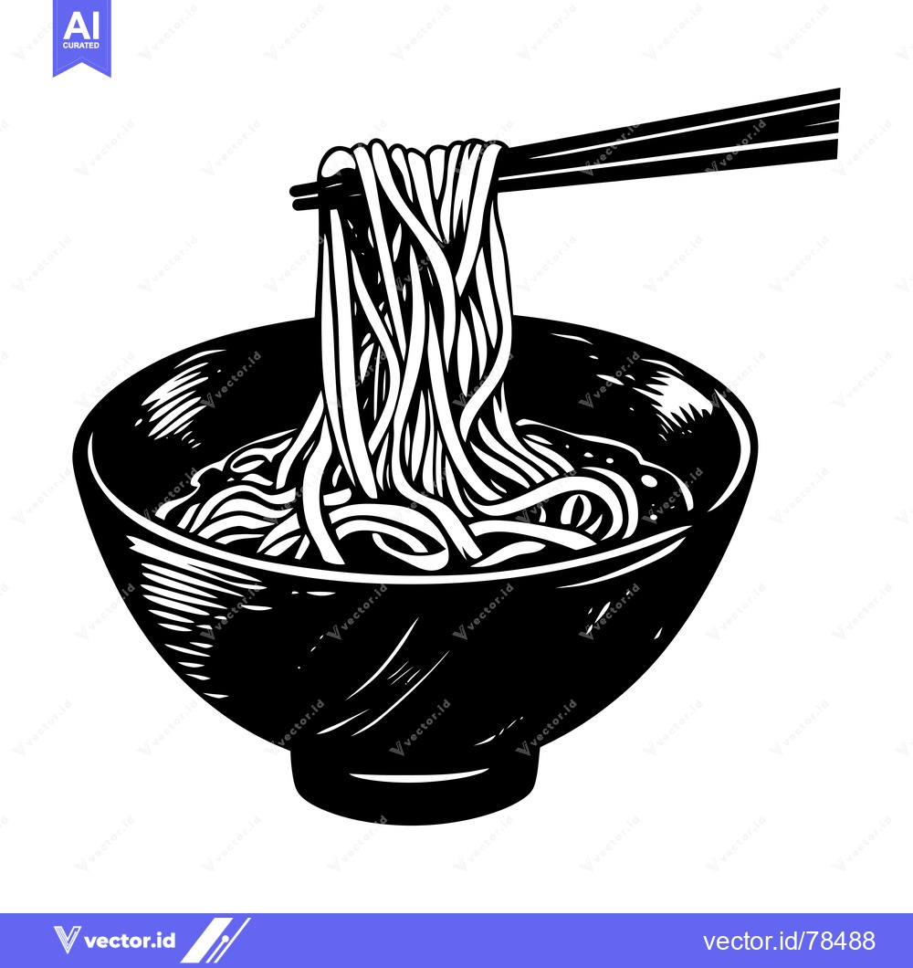 Premium Vector of A Black and White Illustration of a Bowl of Noodles with Chopsticks