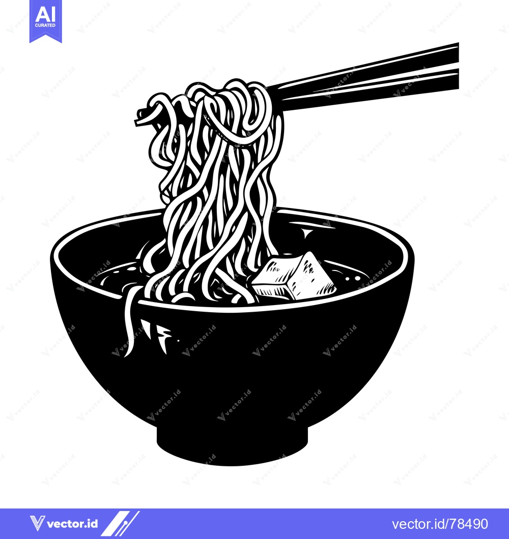 Premium Vector of Black and White Illustration of a Bowl of Noodles with Chopsticks