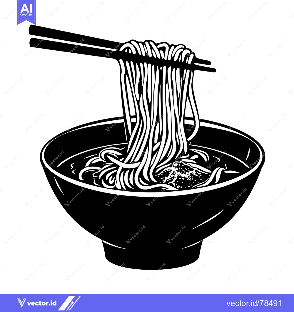 Premium Vector dari Black and white illustration of a bowl of noodles being lifted with ch