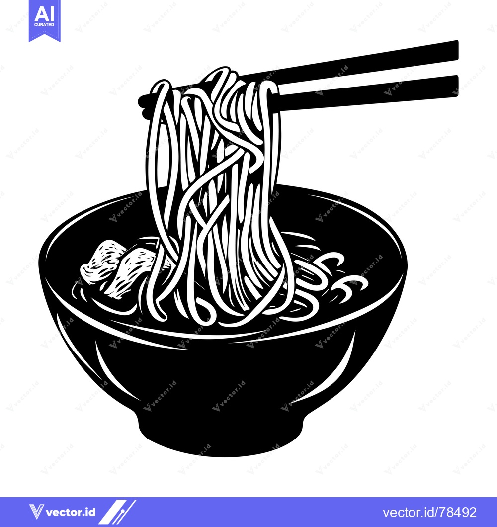 Premium Vector dari Black and white illustration of ramen noodles being lifted from a bowl
