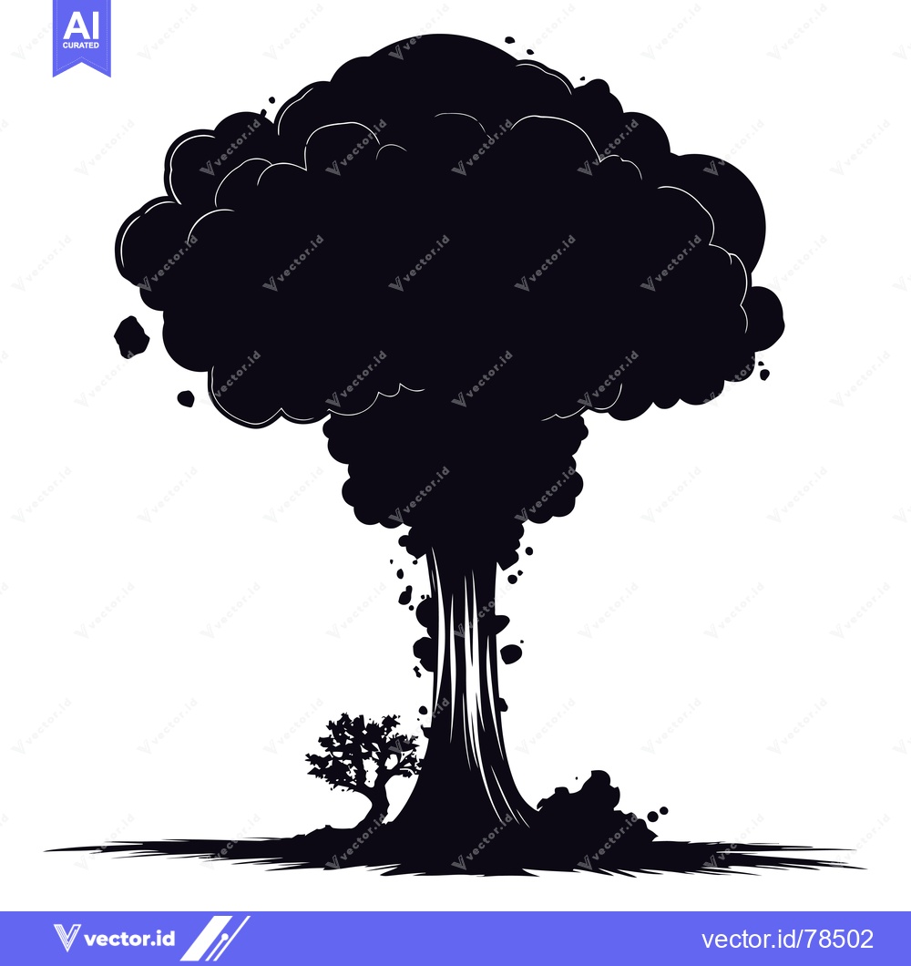 Premium Vector dari Black and White Silhouette of a Mushroom Cloud with a Small Tree Below