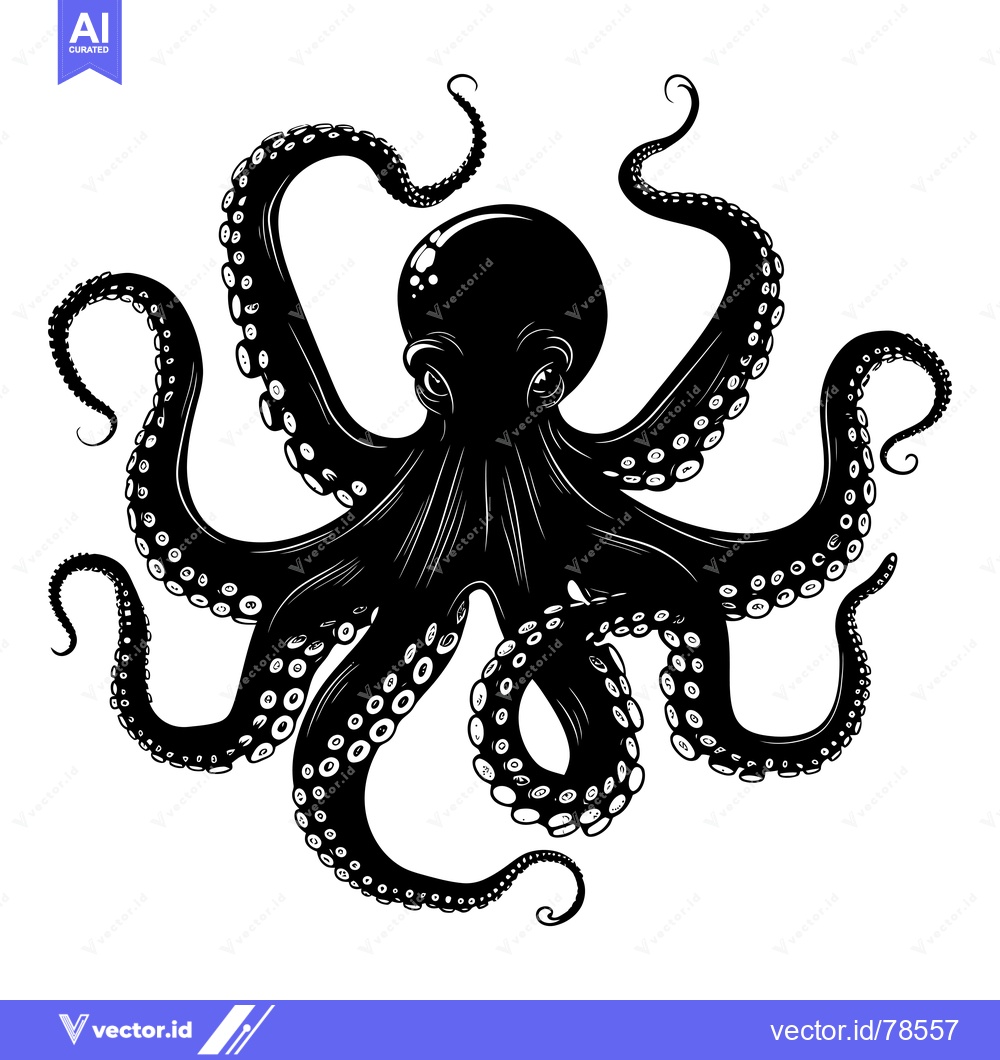 Premium Vector dari Black and White Illustration of an Octopus with Eight Tentacles