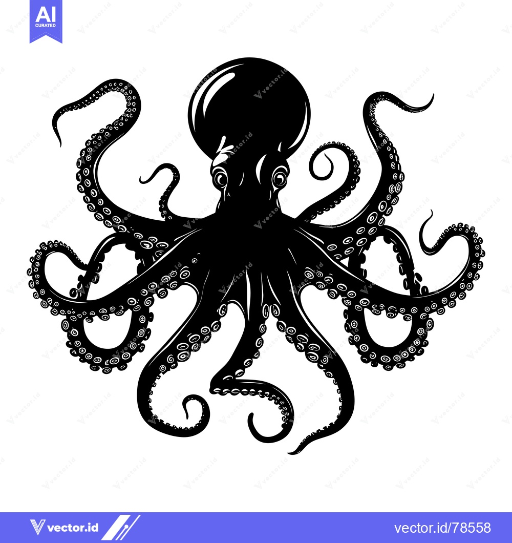 Premium Vector dari Black and White Silhouette of an Octopus with Eight Tentacles