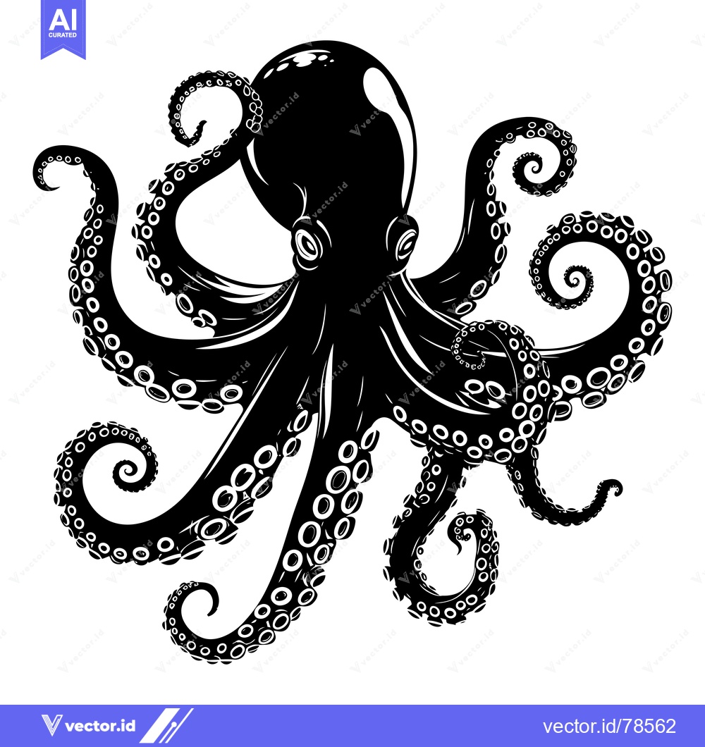 Premium Vector dari Black and White Silhouette of an Octopus with Tentacles Extended