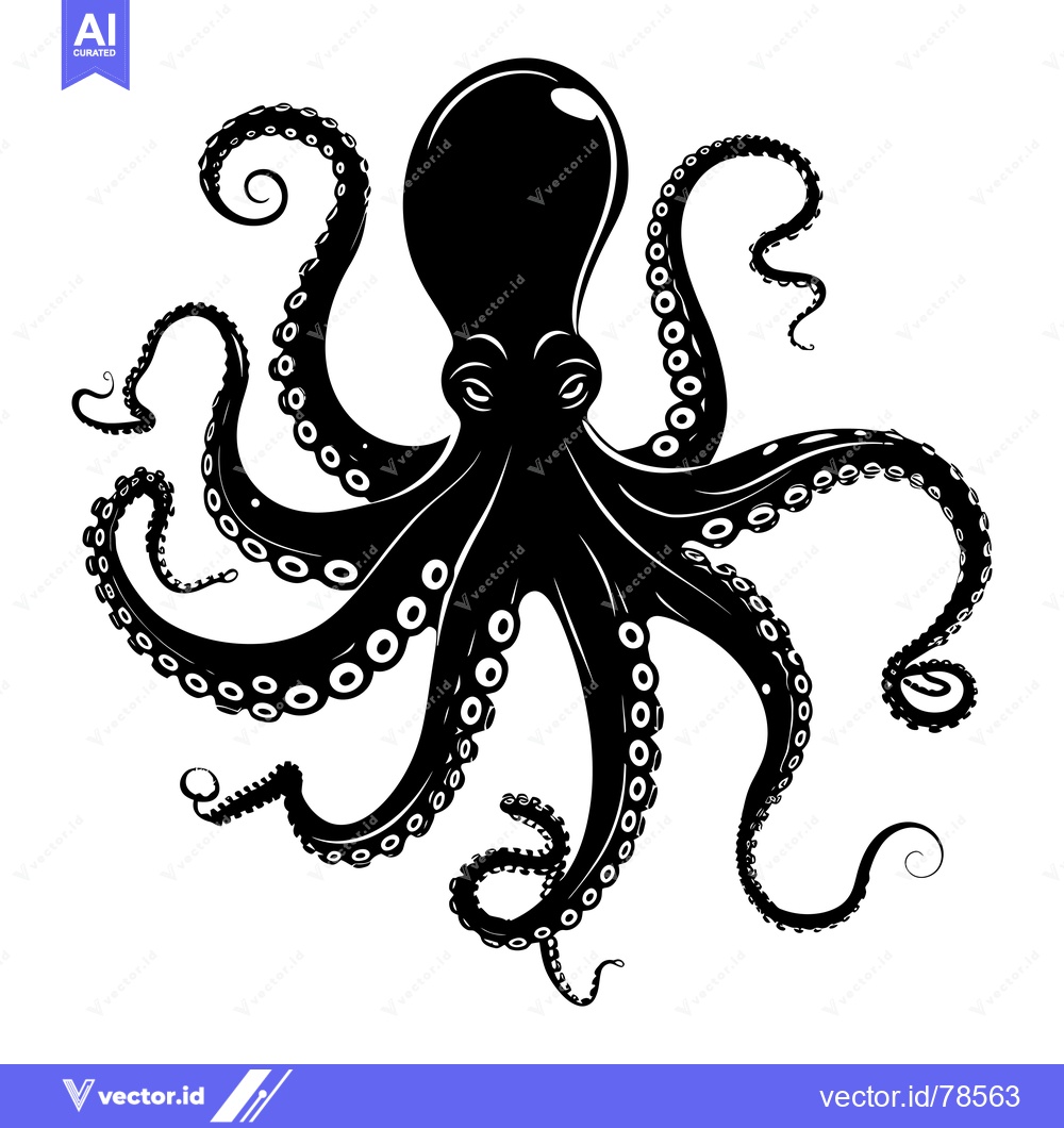 Premium Vector dari Black and White Silhouette of an Octopus with Eight Tentacles