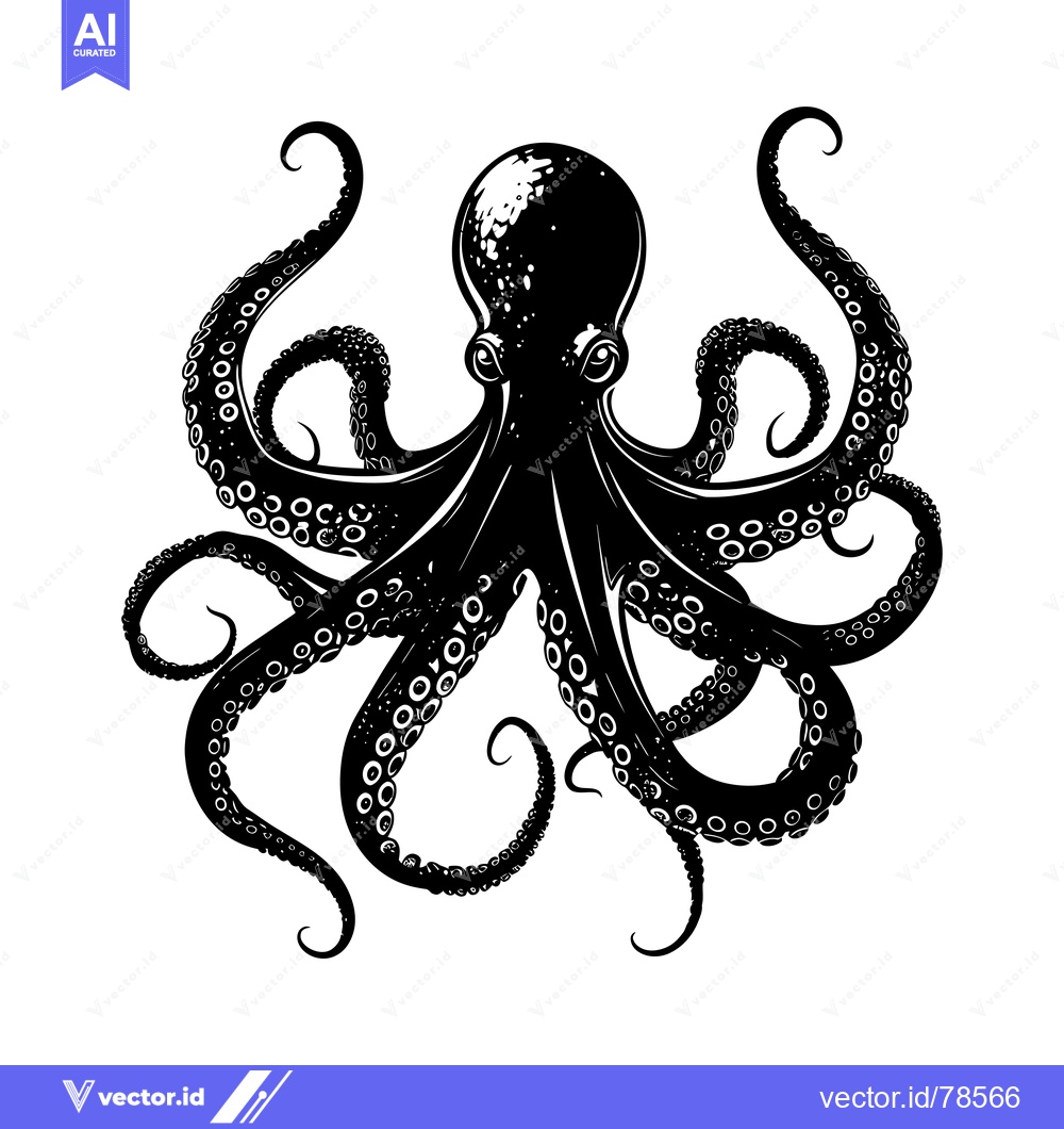 Premium Vector dari Black and White Illustration of an Octopus with Eight Tentacles